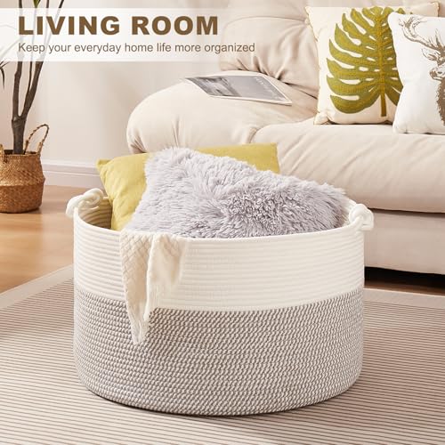 OIASKET Large Blanket Storage Basket for Living Room, 22.8" x 22.8" x 13" Woven Cotton Rope Basket with Handles, Baby Toy Storage, Laundry Hamper for Clothes, Pillows, Towels-Grey and White - color: Grey and White, size: 90L