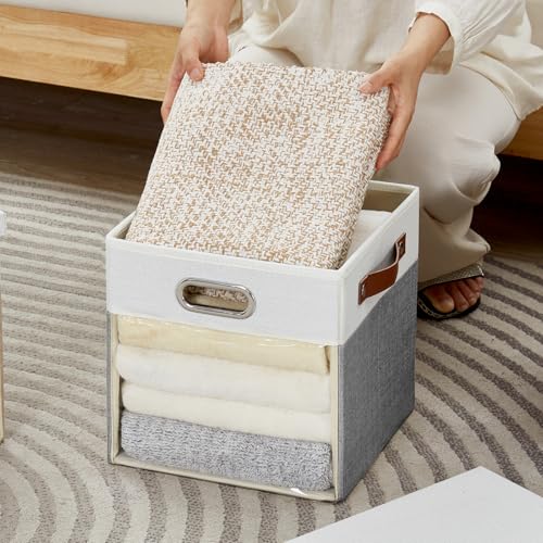 Ultra Thick Fabric Storage Cubes with Lids & Windows, 11-Inch Foldable Closet Storage Bins with 3 Handles, Home Decorative Boxes for Bedroom, Living Room, Dorm, Office (Gray & White) - color: Gray&White, size: 11"L x 11"W x 11"H