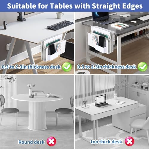 2 Tier Desk Side Storage, Under Desk Laptop Holder with Magnetic Pen Holder, Clamp on Table Organizer, No Drill Hanging Table Organizer for Office and Home Fits Flat Edge 0.3" to 2.3" - color: White 2 Tier