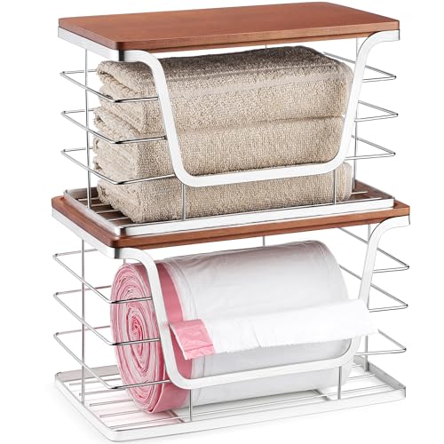 ALOCEO 2 Pack Stackable Storage Bins with Lids, Stainless Steel Extra Large Trash Bag Dispenser for Kitchen Sink, Laundry, Pantry Organizer and Storage, Fit 13/30/33 Gallon Garbage Bags, Walnut Sliver - color: 2-pack - Xl&l Walnut Sliver