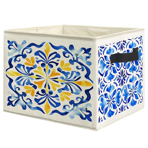 Blue and Yellow Mediterranean Tiles Storage Bin Box with Handles, Vintage Moroccan Floral Foldable Linen Fabric Laundry Basket for Home Bedroom Bathroom Clothes Toys Books - color: Floral-D