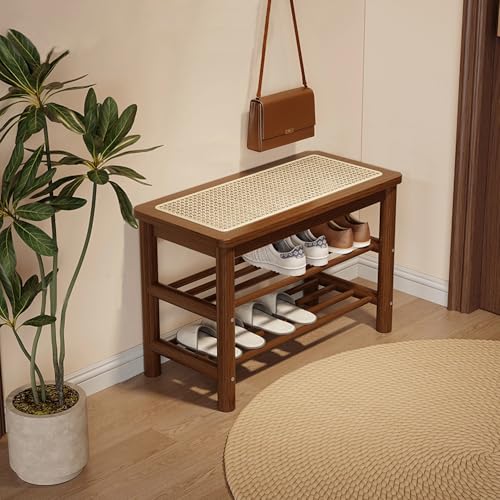 Bamboo Shoe Rack Bench with Rattan Seat, 3-Tier Shoe Storage Bench, Entryway Bench for Hallway Walnut-23.62 inches - color: Walnut, size: 23.6 inch