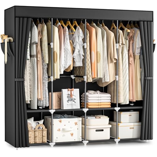 Neatrays Wardrobe Closet, 66 Inch Portable Closet for Hanging Clothes, Large Capacity Clothes Rack Organizer with Cover & 4 Hanging Rods & 8 Storage Shelves & 2 Side Pockets (Black) - color: Black, size: 4 Row - 67"Wide