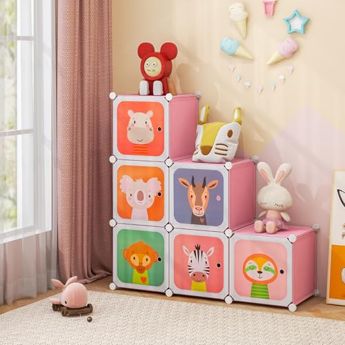 Costzon Kids Closet, Cartoon DIY Modular Dresser Storage Organizer with 8 Cubes & Clothes Hanging Rack, Portable Armoire for Baby Toddlers, Kids Wardrobe for Bedroom Nursery, Pink - color: Pink, size: 14"D x 29.5"W x 57"H (8 Drawers)