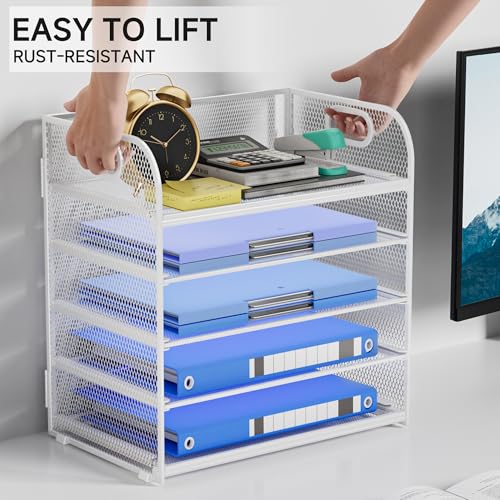 5-Tier Stackable Paper Organizer with Handle, White Metal Mesh Desk Organizer Letter Tray | Office Storage & Organization for Home, School & Workplace - color: White, size: 12.6" x 9.1" x 13.4"