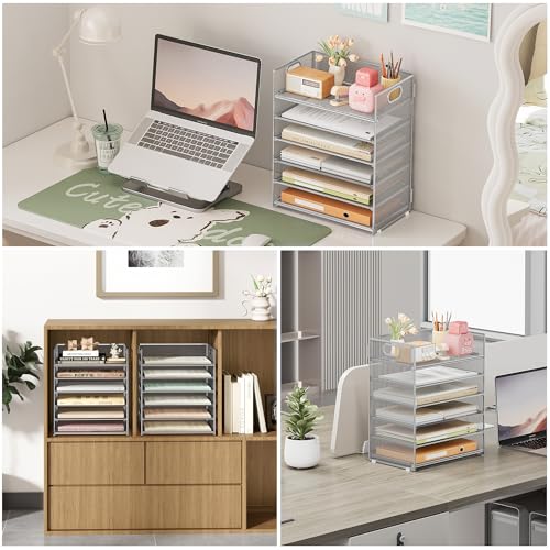 Subekyu 6-Tier Desk Paper Organizer, Desktop File Letter Tray with Handle, Document Sorter and Accessories Holder for Office, Home and School Workspace Organizers, Silver - 2 Pack - color: 2 Pack 6-tier - Silver