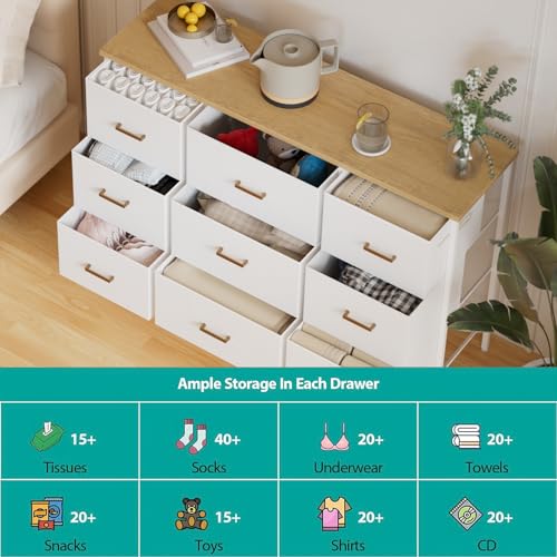 VASICAR Wide TV Stand Modern TV Console, 9 Drawers Dresser for Bedroom, Fabric Storage Cabinet, Chest of Drawers for Closet, Nursery, Living Room（Classic White） - color: White-retro Top