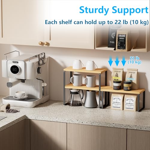 Golener Countertop Organizer Corner Shelf, 2-Tier Adjustable Stackable Corner Shelves for Kitchen, Spice Rack, Coffee Area, Over Sink, Bathroom, Dresser Table, Corner Counter Shelf Stand, Bamboo - color: Bamboo Tan, size: Medium Standard