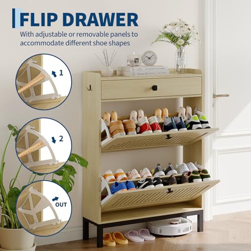 2-Door Flip Front Shoe Cabinet with Adjustable Shelves – Hidden Entryway Storage Organizer for Hallway, Foyer, Living Room – Freestanding Wooden Shoe Rack with Large Capacity & Modern Design, Natural - color: Natural Oak, size: 9.45"D x 31.4"W x 43.4"H