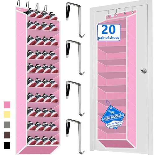 Over The Door Shoe Organizer, 70 Pounds Large Capacity, 20-30-Pair shoe organizer, Heavy Duty-Extra Deep Pockets ,Anti-Scratch Hooks & FSC-Certified Bamboo ,Engineered for Men’s Size 13 shoe,Pink - color: Pink
