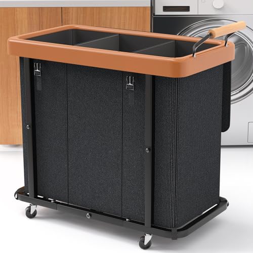 230L (60 Gal) Extra Large Fashion Laundry Sorter 3 Section with Lid, Rolling Laundry Basket Hamper with Handle, Laundry Organizer Storage Cart with Sturdy Metal Frame for Laundry Room, Hotel, Black - color: Black-3 Setion, size: 230L