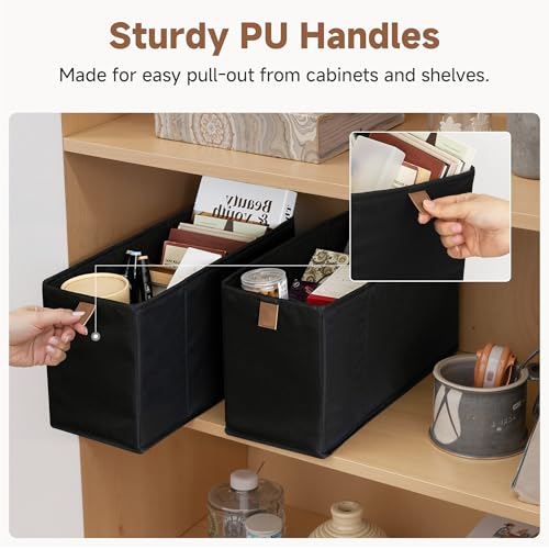 StorageWorks Long Narrow Storage Basket, Collapsible Fabric Storage Bins, Small Baskets for Organizing with PU Handle, Great for Clothes, Towels, and Socks, Black, 2-Pack - color: Black, size: 6.25'' Width (2 Pack)