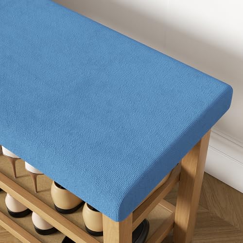 2 Tier Shoe Rack Bench with Cushion, Rubberwood Shoe Benches, Mid-Century Modern Shoe Storage Bench for Entryway, Hallway, Living Room, Closet, Front Door Entrance, Blue - color: Blue