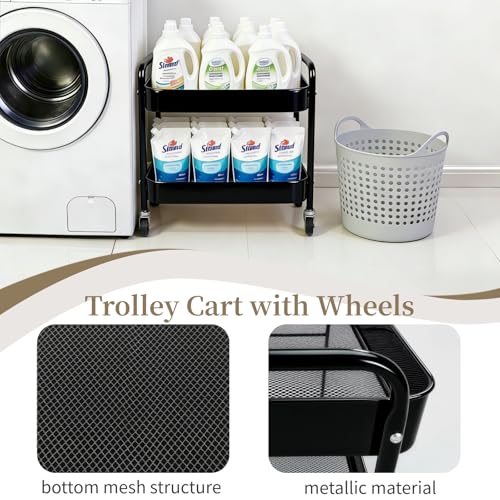 2 Tier Rolling Cart with Wheels for Under Desk Storage & Pantry Room, Large Capacity Laundry Room & Makeup Organizer, Sturdy Kitchen Utility Cart for Small Space with 4 Hooks, Black - color: Black
