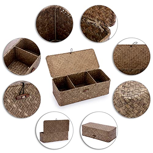 Sumnacon Seagrass Storage Basket with Lid Wicker Storage Baskets with Sections,Small Woven Shelf Basket for Toiletries Tampon, Seagrass Basket for Shelf Bathroom Toilet Table Counter,Coffee - color: Coffee, size: Medium