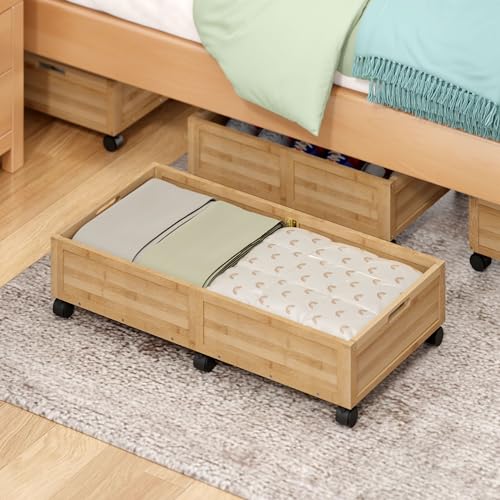 WISUCART Wood Under Bed Storage Containers Underbed Organizer with Wheels Sturdy Wood Rolling Under Bed Shoe Storage Organizer 2 Packs (Nature, Large) - color: Nature