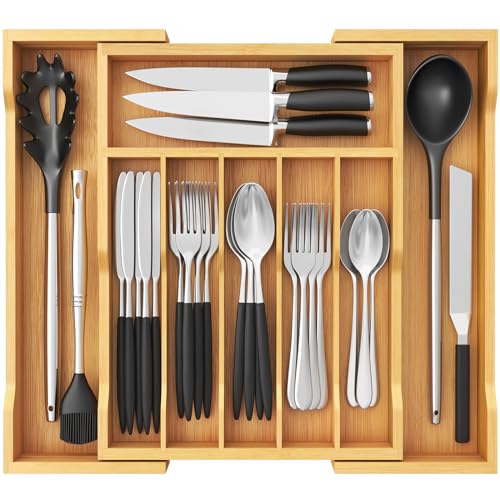Lifewit Silverware Drawer Organizer, Expandable Utensil Tray for Kitchen, Flatware and Cutlery Holder, Wood Adjustable Storage for Spoons Forks Knives, 13-22x15/ 33-56x38cm, Natural - color: Natural, size: 13~22.4''W x 15''D
