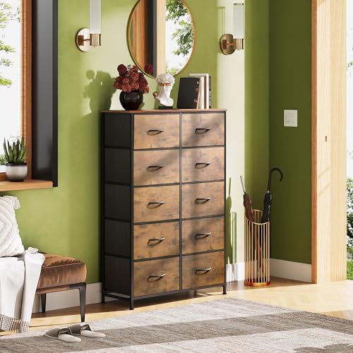 WLIVE Tall Dresser for Bedroom with 10 Drawers, Fabric Dresser for Closet, Storage Tower with Cabinet, Metal Frame, Rustic Brown Wood Grain Print - color: Rustic Brown Wood Grain Print