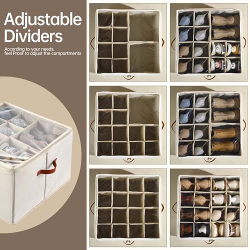 INSTY Shoe Organizer for Closet, 2 Pack Foldable Shoe Storage Containers, Fits up to 16-32 Pairs, Adjustable Dividers for Shoe Organizer, Fabric Shoe Storage Bins with Clear Cover, Beige - color: Beige