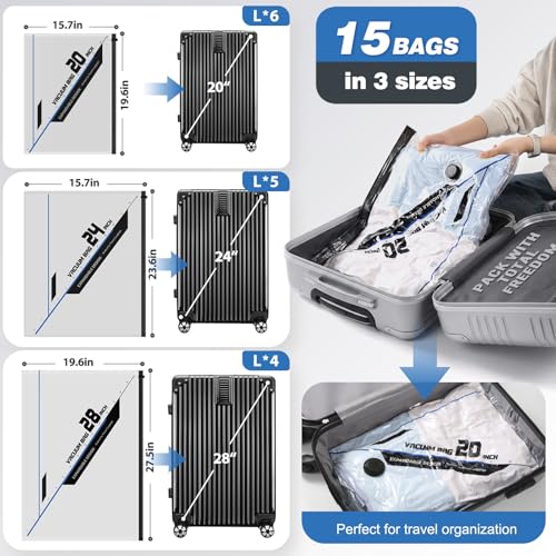 Vacuum Seal Bags for Clothing Travel with Rechargeable Electric Pump, Space Saver Vacuum Storage Bags Travel, Reusable Compression Bags for Luggage Home (15pcs,20/24/28) - color: 15pcs,20/24/28