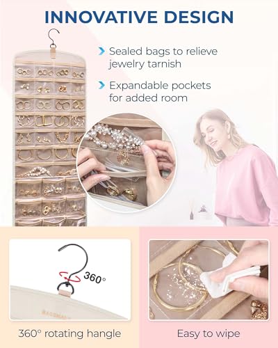 BAGSMART Hanging Jewelry Organizer, Necklace Holder Anti-tangle Earrings Rings Hanger with Pockets Hang on Closet, Wall, Door,1 Piece, Large Beige - color: Beige, size: Large - Standard