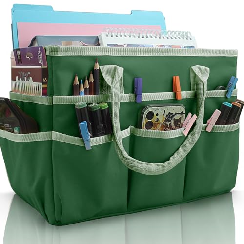 Cupohus Art Organizer Craft Storage Tote Bag with Pockets and Handles, Oxford Fabric Carrying Caddy for Teacher, Officer, Artist, Traveler, and More –Green - color: Green