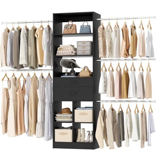 Besiost Closet System, 4-8 FT Closet Organizer Tower with 2 Wooden Drawers and Shelves, Can Fit 60 to 96 inch Walk-in Closet System with 5 Hang Rods, Built-in, Black - color: Black