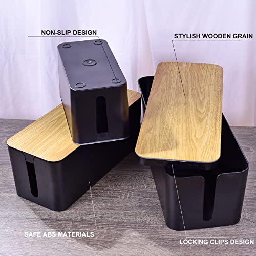 3 Pack Cable Management Box with 18 PCS Cable Management Set - Large & Medium & Small Wooden Grain Cable Organizer Box to Hide Wires & Power Strips | TV Cord Organizer Box | for Home & Office(Black) - color: Wooden Black