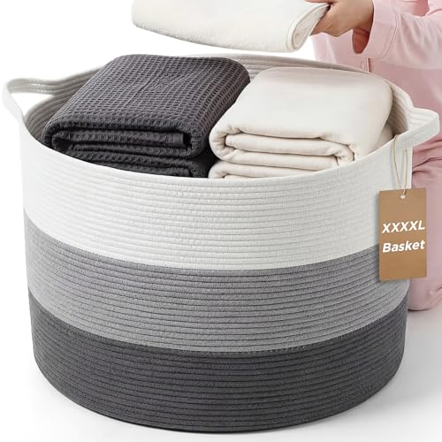 XXXXL 125L Extra Large Blanket Basket, 23.6" x 16.9" Jumbo Woven Cotton Rope Storage Basket with Handles, Laundry Hamper, Toy Storage for Living & Play Room(White, Light Gray & Dark Gray) - color: White, Light Gray & Dark Gray