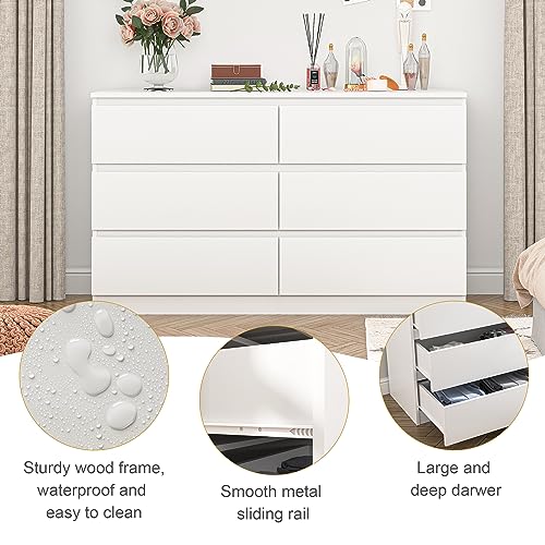 Spaco White 6 Drawer Dresser for Bedroom,48'' Modern Dresser with Deep Drawer,Wide Storage Chest of Drawers,Bedroom Storage Organizer Furniture,TV Stand for Living Room - color: White, size: 6 Drawers