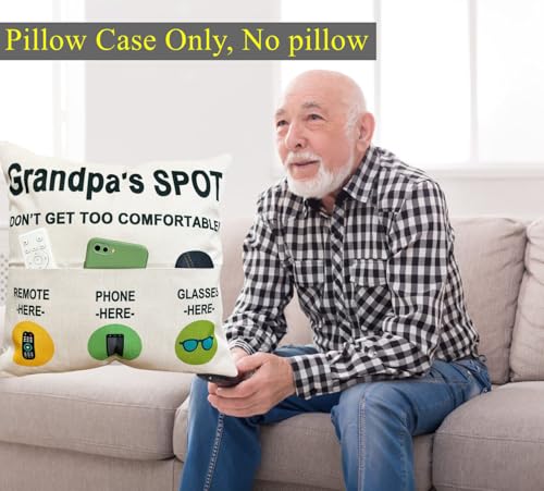 ZUYUROU Grandpa 3 Pocket Throw Pillow Cover, Grandpa's Spot Couch Organizer Pillowcase for Remote Phone Glasses, Ideal Father's Day Birthday Gift for Grandpa, Sofa Armchair Storage, 18 x 18 Inch - color: Grandpa 3-pocket