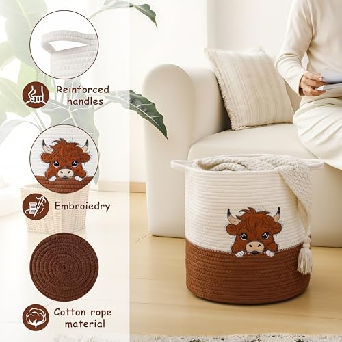 INough Large Blanket Baskets for Living Room, Highland Cow Storage Baskets for Toys Organizer Woven Cotton Rope Basket for Kids, Clothes Hamper with Embroidery Highland Cow Decor for Nursery Laundry - color: Cow, size: Large