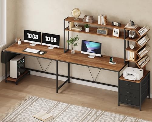 YOMILUVE L Shaped Desk with Hutch, Reversible Computer Desk with Drawers and Bookshelf, Home Office Desks with Storage Shelves for Bedroom Home Office, Brown and Black - color: Brown and Black