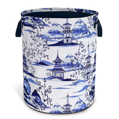 Blue White Porcelain Chinoiserie Laundry Basket Oxford Cloth Laundry Hamper With Handle Foldable Portable Clothes Storage Basket 18.9 X 16.5 In Storage Bag For Laundry Room/Bathroom/Bedroom/Dormitory - color: Blue White Porcelain Chinoiserie