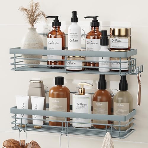Orimade Shower Caddy with 5 Hooks for Hanging Razor and Sponge Adhesive Shower Shelf Basket Bathroom Storage Organizer Kitchen Rack No Drilling Stainless Steel Rustproof - 2 Pack, Light Blue Grey - color: Light Blue Grey - 2 Pack