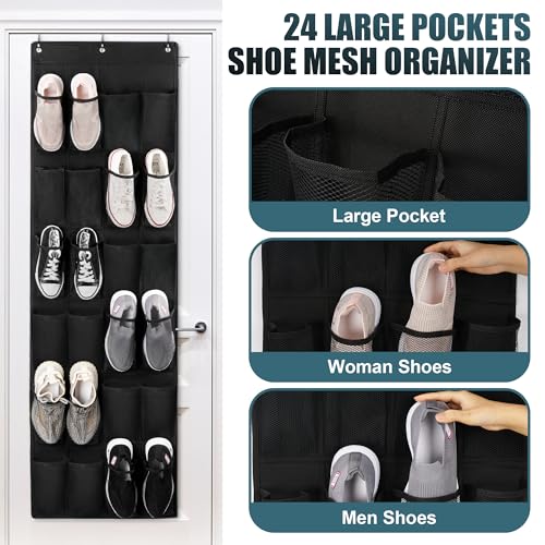 24 Large Pockets Upgraded Over the Door Shoe Organizer, Enhanced Hanging Solution Holder Closets, Shoe Cabinets for Everyone