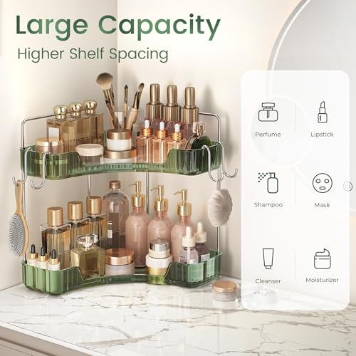Corner Counter Organizer, 2-Tier Bathroom & Kitchen Storage Tray with Hooks | PET Green Vanity Organizer for Skincare, Makeup & Jewelry - color: Green, size: 2 Tier