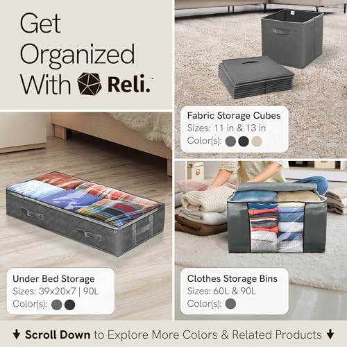Reli. 90L Under Bed Storage Containers (4 Pack) | Closet Organizer with Clear Window | Underbed Storage Bins for Towels, Sweaters, Linens | Large Organizer for Closet (Gray)