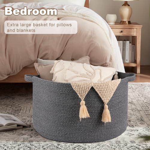 OIASKET Large Woven Baskets for Storage, 23.6" x 23.6" x 14.6" Blanket Storage Living Room, Baby Toy Basket for Clothes, Pillows, Towels, Shoe Basket for Entryway (Dark Grey) - color: Dark Grey, size: 105L