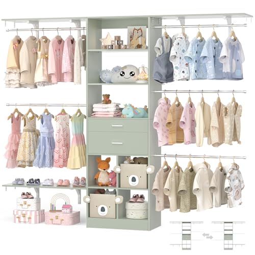 Closet System - 4.75-8FT Closet Organizer System with Wooden Drawers & Cube Storage Organizer, Up To 96" Closet Systems for Nursery & Walk-In Closets with Cuttable Hanging Shelving, Crab Green - color: Crab Green, size: 8 FT