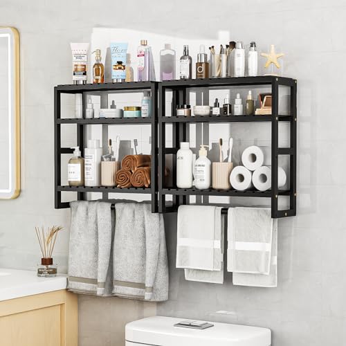 Galood Over The Toilet Storage Bathroom Shelves Wall Mounted 3 Tier Space Saver Corner Shelf Organizer Bamboo Towel Rack Toilet Paper Cabinet with Hanging Rod Black Sets - color: Black 2pack, size: Standard