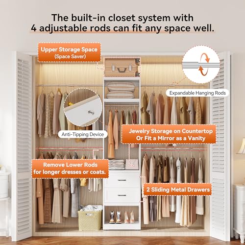 Metal Closet System, 4FT-8FT Closet Organizer System with 4 Expandable Hanging Rods and Metal Tower,79"H Walk in Closet System with 2 Drawers and Shelving,Built in Closet,Wall Mount,White