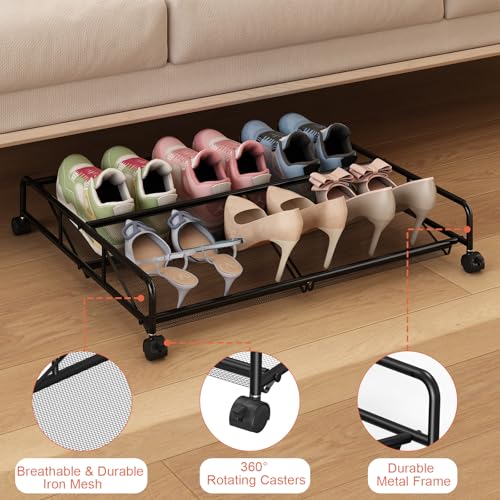 Under Bed Shoe Storage Organizer, 2 Pack Metal Mesh Under Bed Storage Containers with Wheels, Shoe Organizer Drawer Space Saving for Bedroom - size: 2 Pack