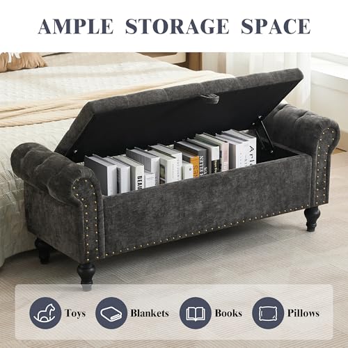 51" Storage Ottoman Bench, End of Bed Bench for Bedroom, Chenille Upholstered Benches for Foot of Bed, Window Benches, Storage Ottomans for Living Room, Entryway, Dark Gray - color: Darkgray