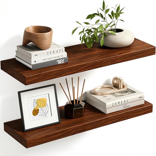 Floating Shelves for Wall Rustic Farmhouse 24 Inch Floating Shelf Wooden Shelves for Wall Pine Wood Shelf with Unique Natural Grain for Living Room Bedroom Kitchen (Espresso) - color: Espresso - Flat Edge, size: 24 inch - 2pcs