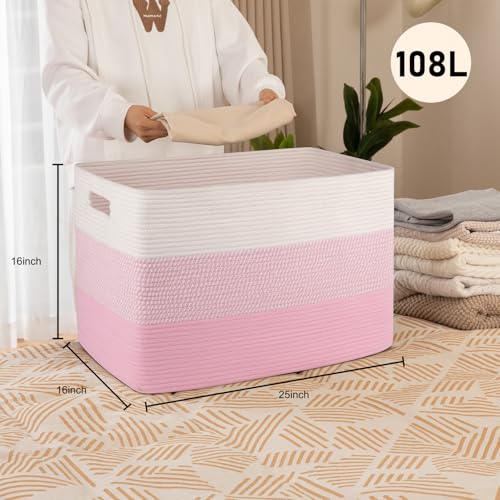OIAHOMY 108L Super Large Blanket Basket For Living Room, 25”x16”x16” Rectangle Woven Baskets For Storage, Toy Storage with Handle - Pink&White - color: Pink&White