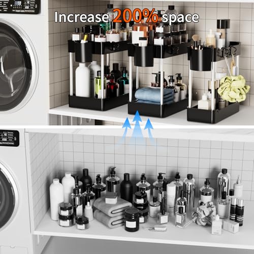 3 Pack Under Sink Organizers and Storage, 2 Tier Bathroom Cabinet Organizer Shelf with Hanging Cups for Kitchen & Bathroom (Black) - color: Black, size: 3 Pack
