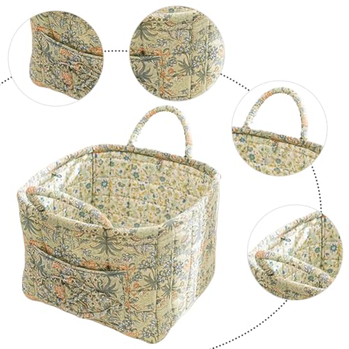 Boho Fabric Storage Basket, Boho Floral Laundry Baskets, Folding Bohemian Style Puffer Quilted Tote, Spring Vintage Storage Bag Organizer Large Capacity with Handle & Front Pocket - color: Light Green