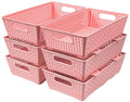 Tiawudi Stackable Woven Plastic Basket, Storage Bins for Cabinet, Closet, Shelf, Under Sink and Countertop, Pantry Organizer Bins, 6 Pack - color: Pink
