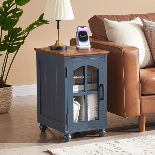 Narrow Side Table Set of 2,Farmhouse Nightstand with Charging Station,End Table with Glass Barn Door Storage, Cabinet Organizer with Adjustable Shelf, Night Stand for Small Spaces Living Room Bedroom - color: Blue, size: Set 2